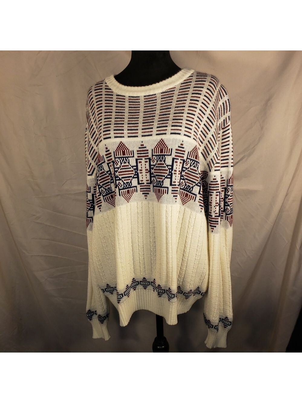 Men's Patterned Crewneck Sweater - White and Blue - L